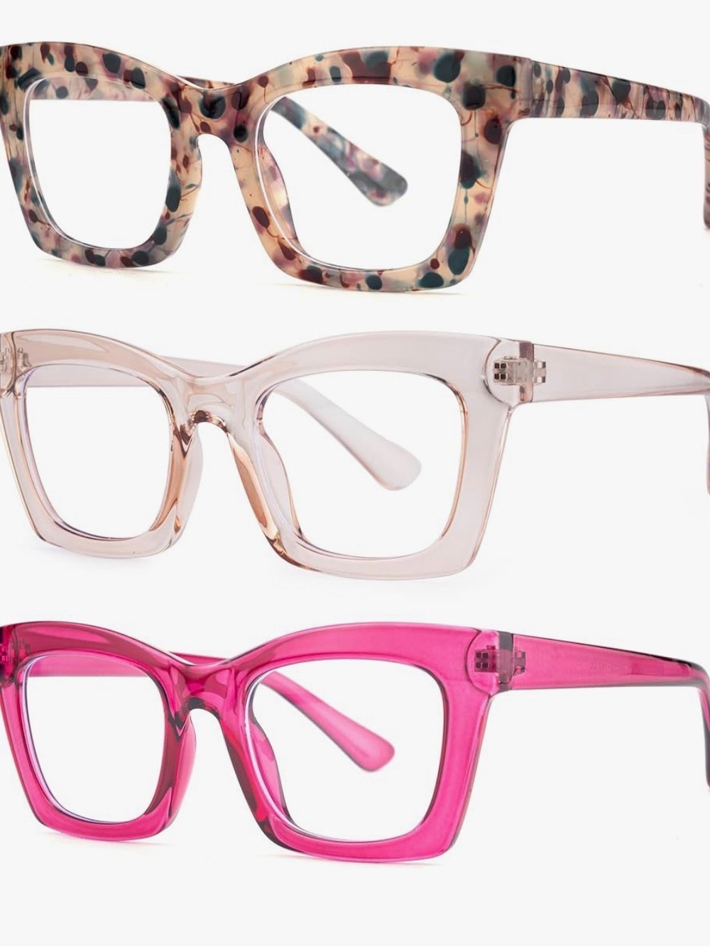 Women's 3 new  Square Frame Eyewear Trio - Pink, Clear, Tortoise
